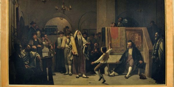 Obraz zatytułowany Simchat Tora (heb. Radość Tory) namalowany został przez Tadeusza Popiela pod koniec XIX w.