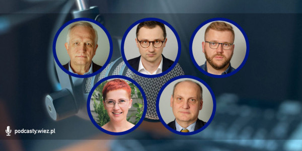 Prowadzący podcasty „Więzi”, na górze od lewej: Zbigniew Nosowski, Jakub Halcewicz-Pleskaczewski i Bartosz Bartosik, na dole: Ewa Buczek i Sebastian Duda