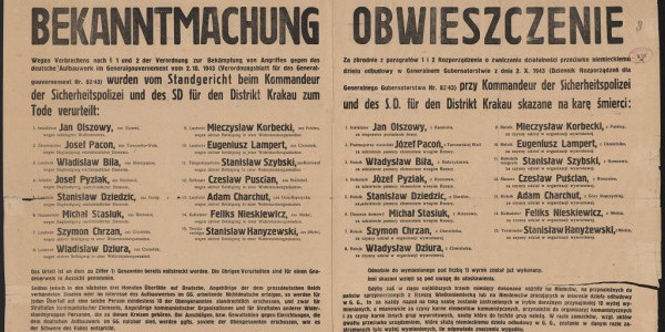 Niemiecki afisz z marca 1944 roku informujący o skazaniu na karę śmierci m.in. Michała Stasiuka, za pomoc Żydom określonym jako 'elementy wrogie Rzeszy'.  Fot. Archiwum Akt Nowych