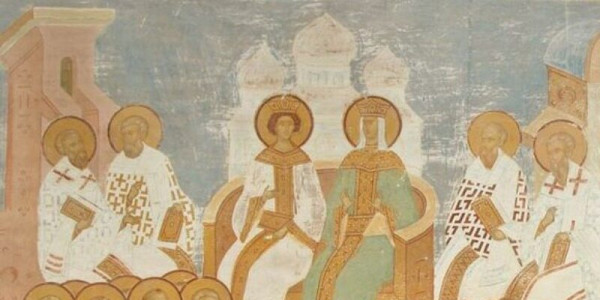 Drugi sobór nicejski. Ikonoklazm i ostatni wspólny sobór Kościoła. Cesarzowa Irena i jej syn Konstantyn VI na XV-wiecznym fresku Źródło: Wikimedia Commons