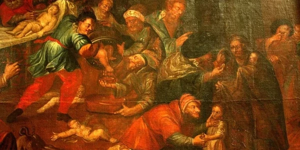 <p><i>Obraz Karola de Prevot w katolickiej katedrze w Sandomierzu, przedstawiający rzekomy żydowski „mord rytualny” (fragment)</i></p>